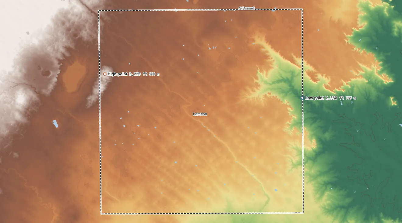 Topographic elevation map of Dawson County, Texas, shaded from 2,580 ft on the east side to 3,220 ft on the west side