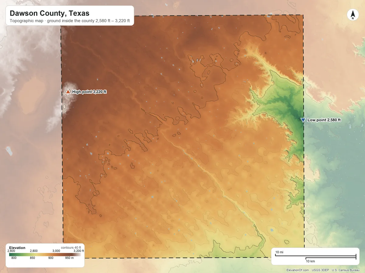 Topographic elevation map of Dawson County, Texas, shaded from 2,580 ft on the east side to 3,220 ft on the west side