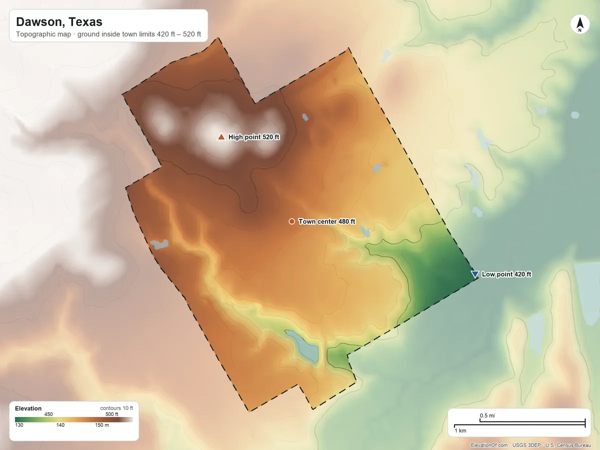 Topographic elevation map of Dawson, Texas, shaded from 420 ft on the east side to 520 ft on the northwest side