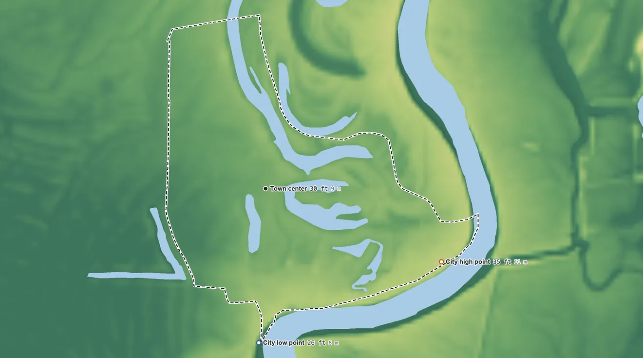 Topographic elevation map of Dayton Lakes, Texas, shaded from 26 ft on the south side to 35 ft on the southeast side