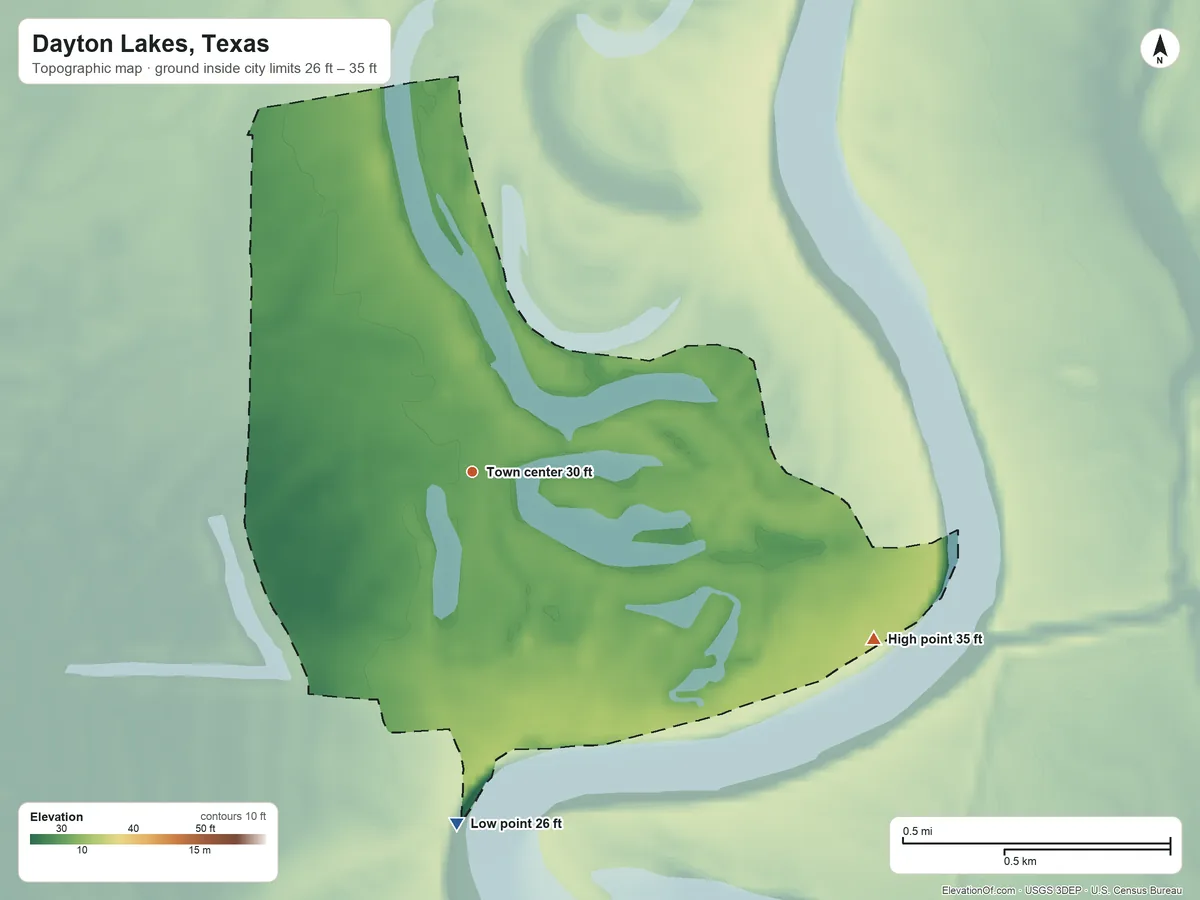 Topographic elevation map of Dayton Lakes, Texas, shaded from 26 ft on the south side to 35 ft on the southeast side