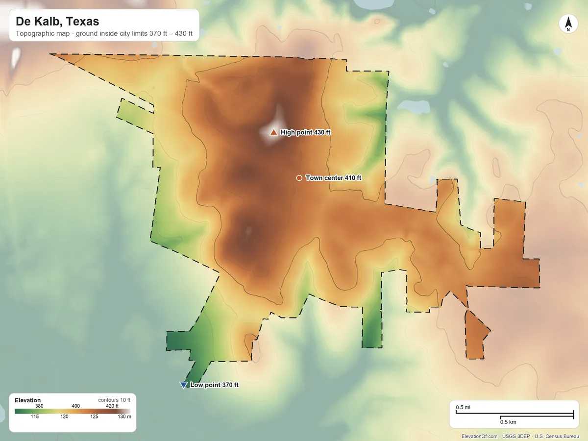 Topographic elevation map of De Kalb, Texas, shaded from 370 ft on the southwest side to 430 ft near the middle