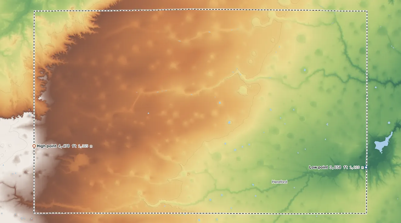 Topographic elevation map of Deaf Smith County, Texas, shaded from 3,650 ft on the east side to 4,470 ft on the west side