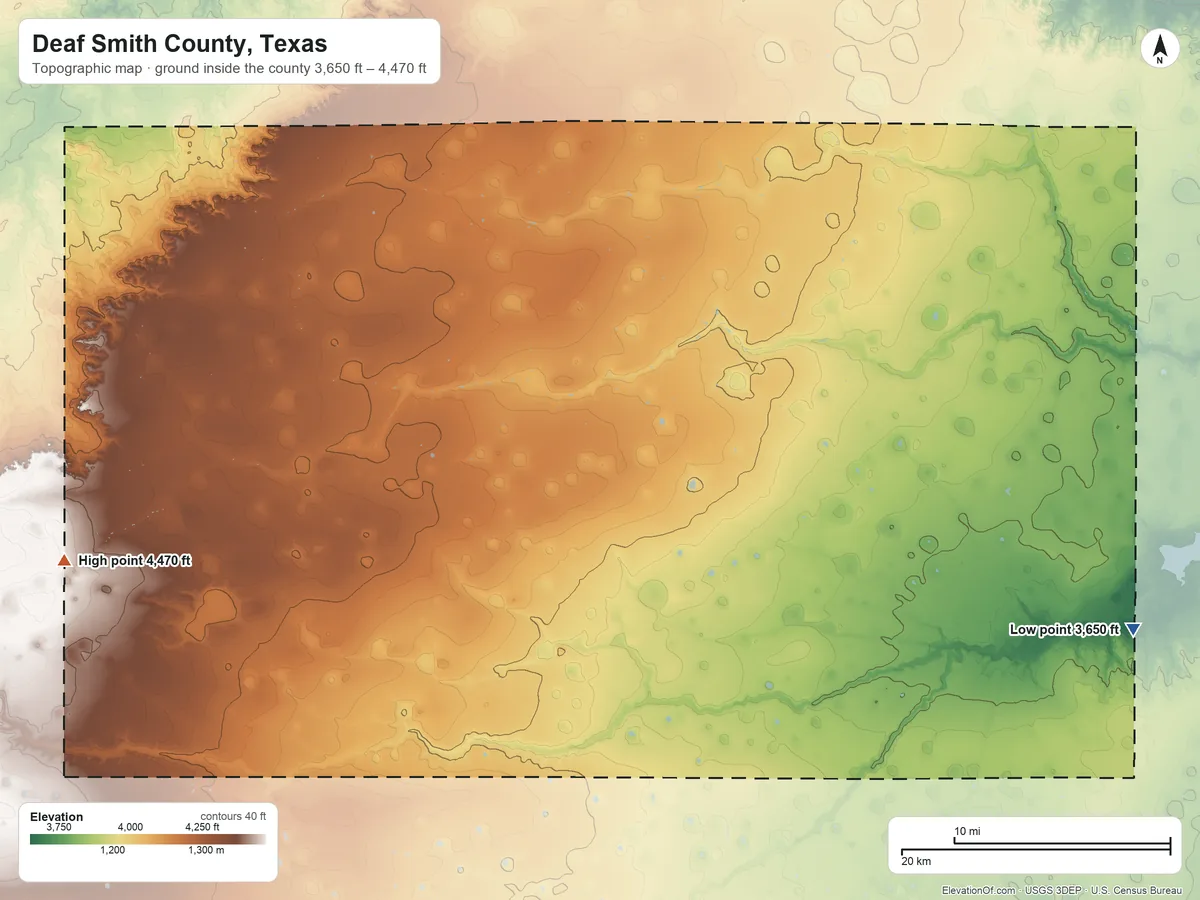 Topographic elevation map of Deaf Smith County, Texas, shaded from 3,650 ft on the east side to 4,470 ft on the west side
