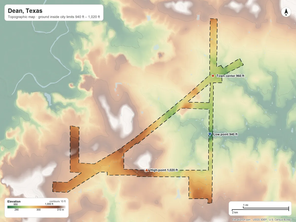 Topographic elevation map of Dean, Texas, shaded from 940 ft on the south side to 1,020 ft on the southwest side