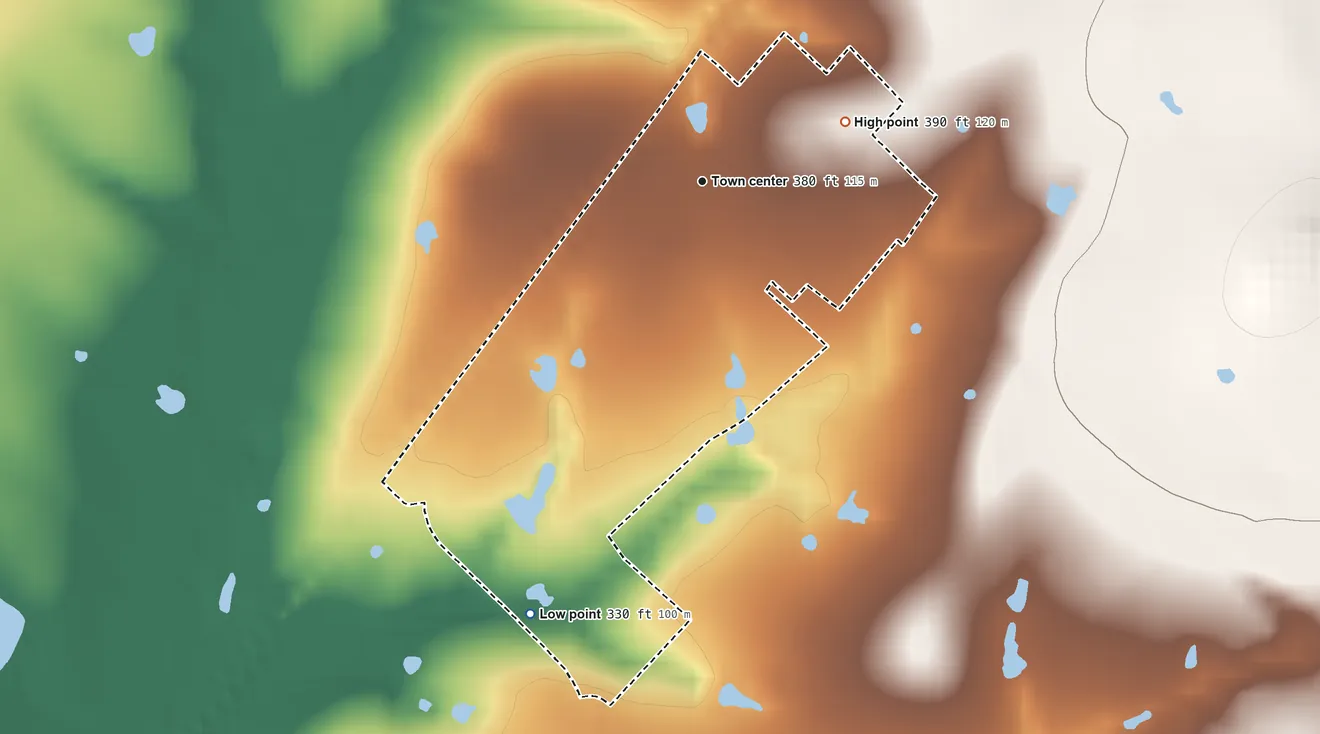 Topographic elevation map of Deanville, Texas, shaded from 330 ft on the south side to 390 ft on the northeast side