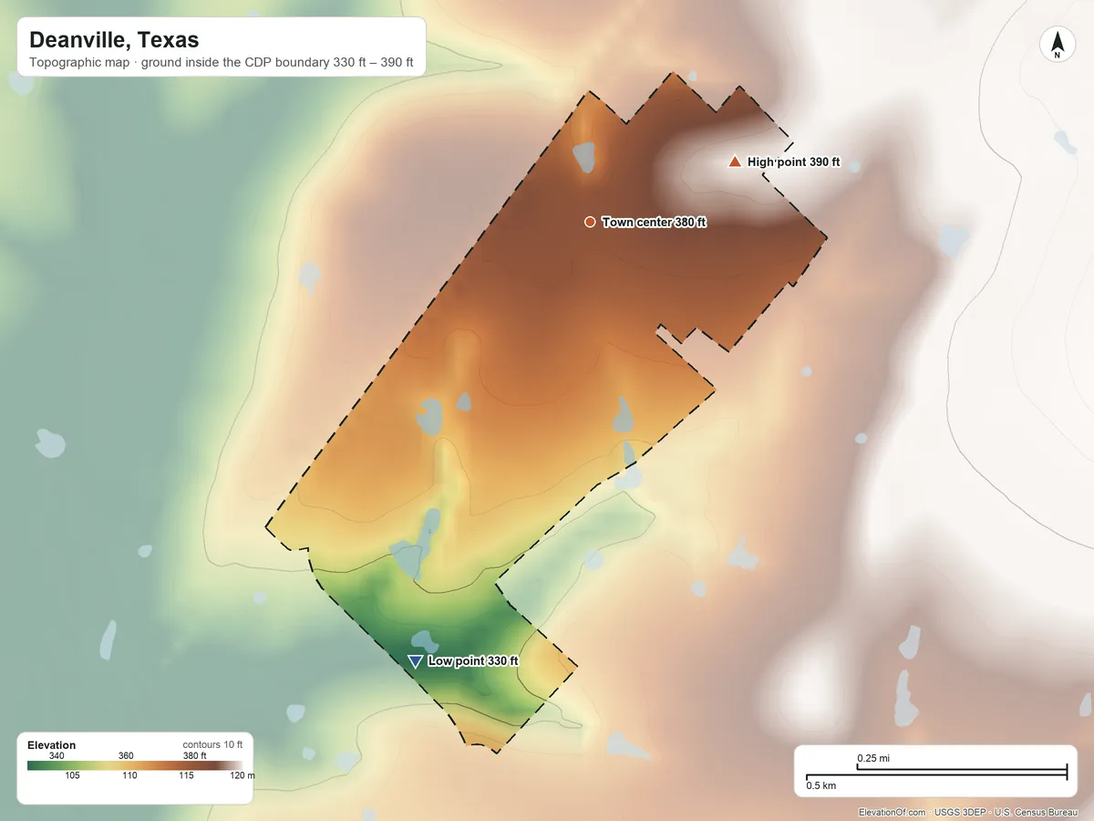 Topographic elevation map of Deanville, Texas, shaded from 330 ft on the south side to 390 ft on the northeast side