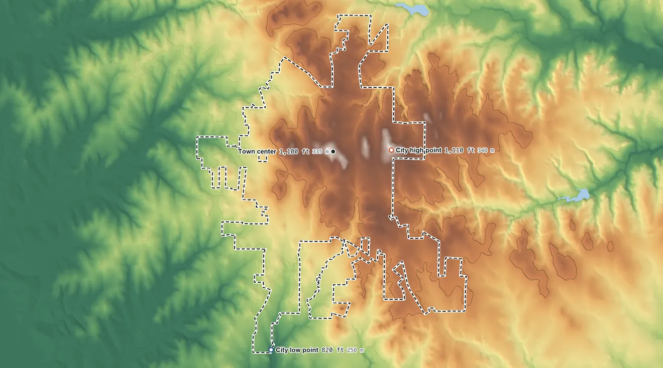 Topographic elevation map of Decatur, Texas, shaded from 820 ft on the south side to 1,110 ft on the east side