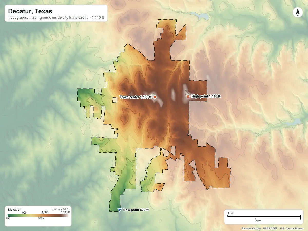 Topographic elevation map of Decatur, Texas, shaded from 820 ft on the south side to 1,110 ft on the east side