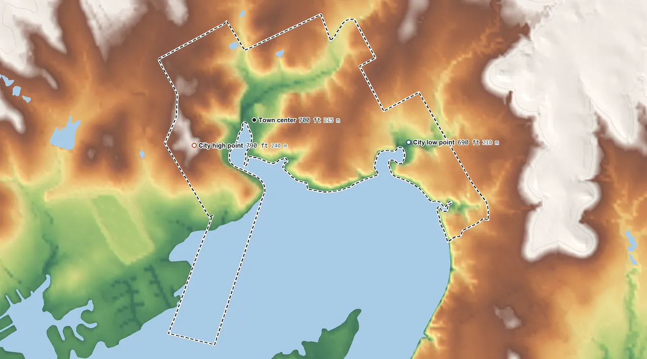 Topographic elevation map of DeCordova, Texas, shaded from 690 ft on the east side to 790 ft on the southwest side