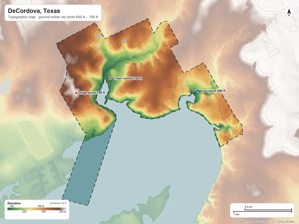 Topographic elevation map of DeCordova, Texas, shaded from 690 ft on the east side to 790 ft on the southwest side