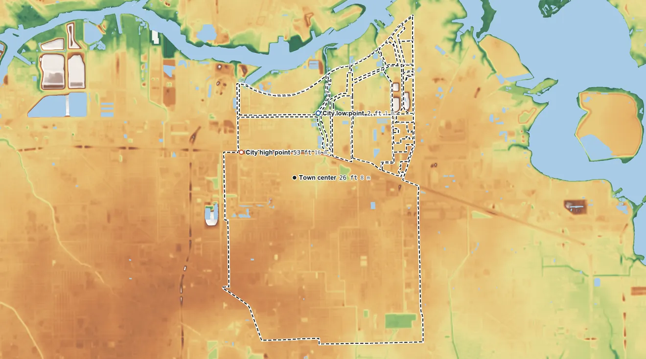Topographic elevation map of Deer Park, Texas, shaded from 2 ft on the north side to 53 ft on the northwest side