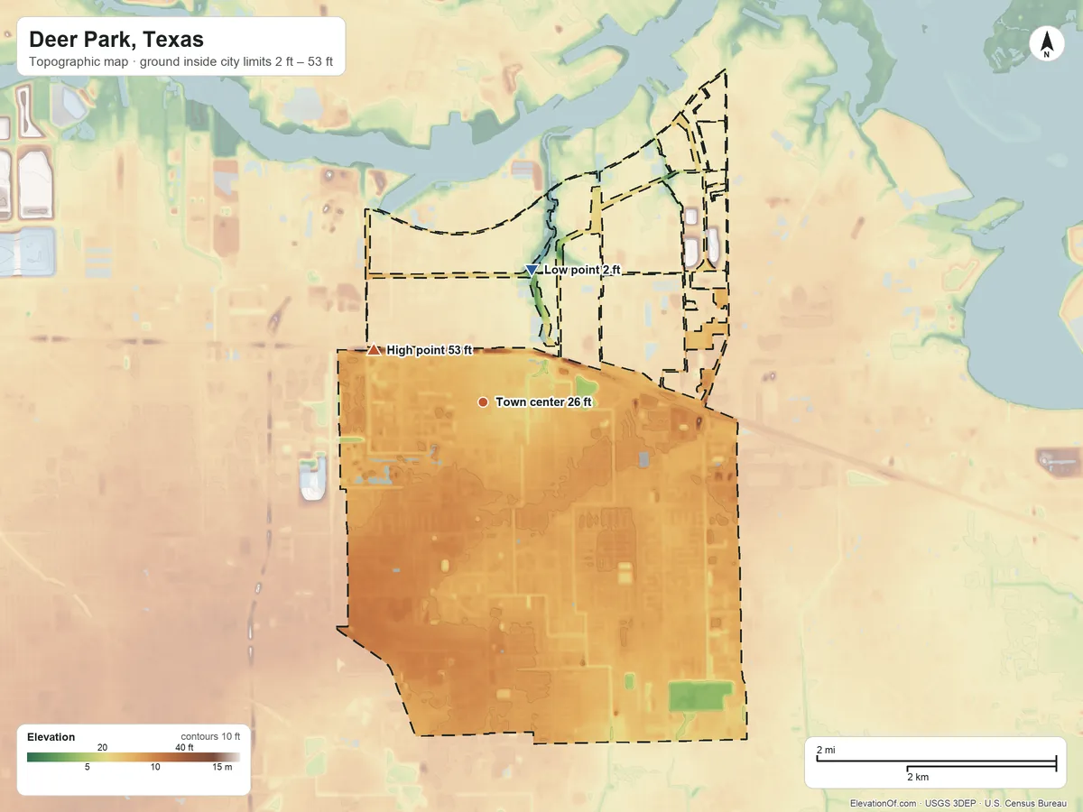 Topographic elevation map of Deer Park, Texas, shaded from 2 ft on the north side to 53 ft on the northwest side