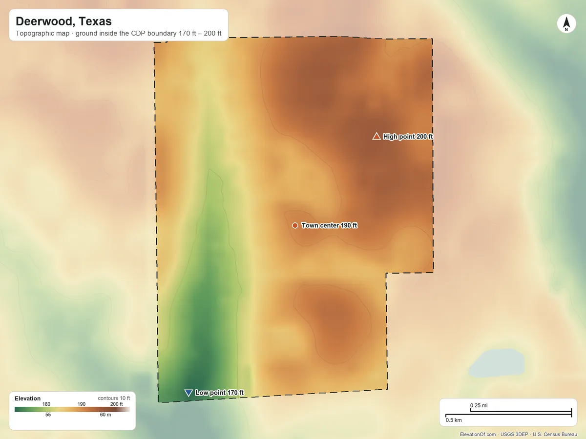 Topographic elevation map of Deerwood, Texas, shaded from 170 ft on the southwest side to 200 ft on the northeast side