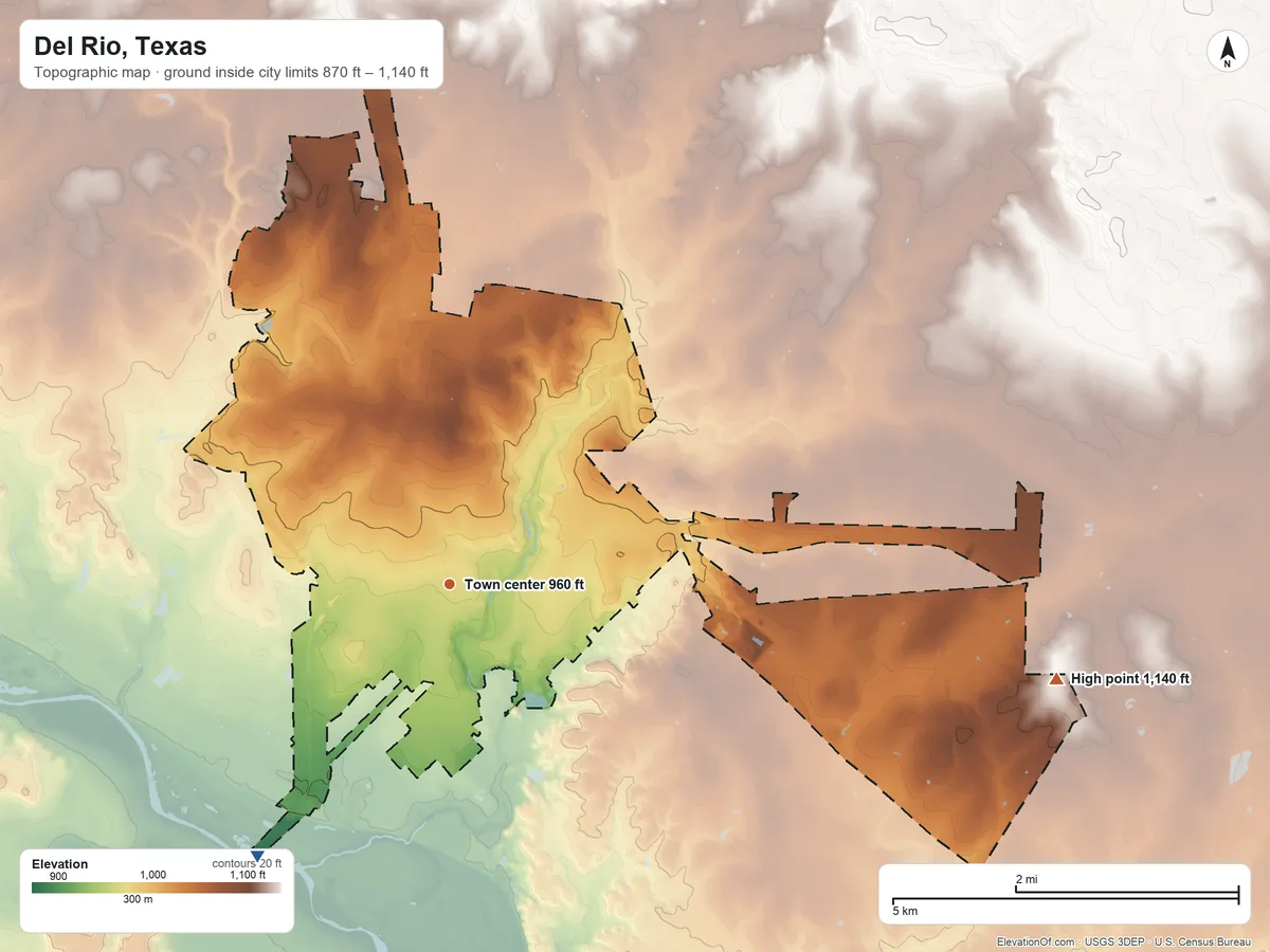 Topographic elevation map of Del Rio, Texas, shaded from 870 ft on the southwest side to 1,140 ft on the east side