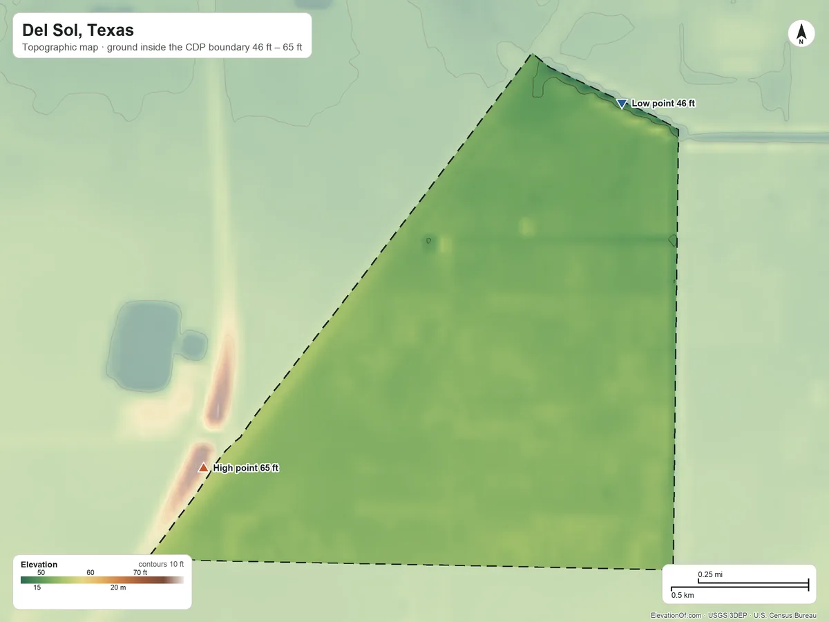 Topographic elevation map of Del Sol, Texas, shaded from 46 ft on the north side to 65 ft on the west side