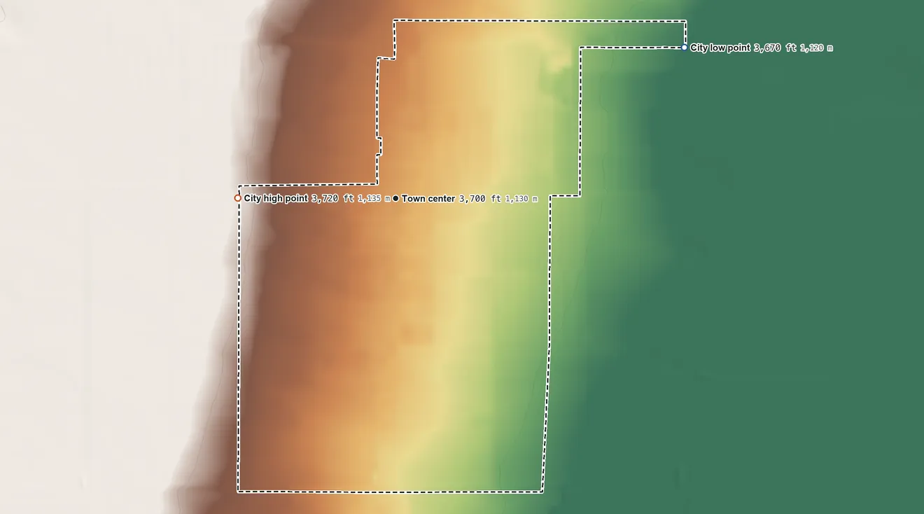 Topographic elevation map of Dell City, Texas, shaded from 3,670 ft on the northeast side to 3,720 ft on the west side