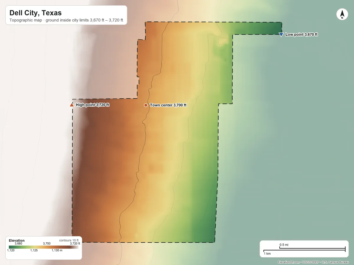 Topographic elevation map of Dell City, Texas, shaded from 3,670 ft on the northeast side to 3,720 ft on the west side