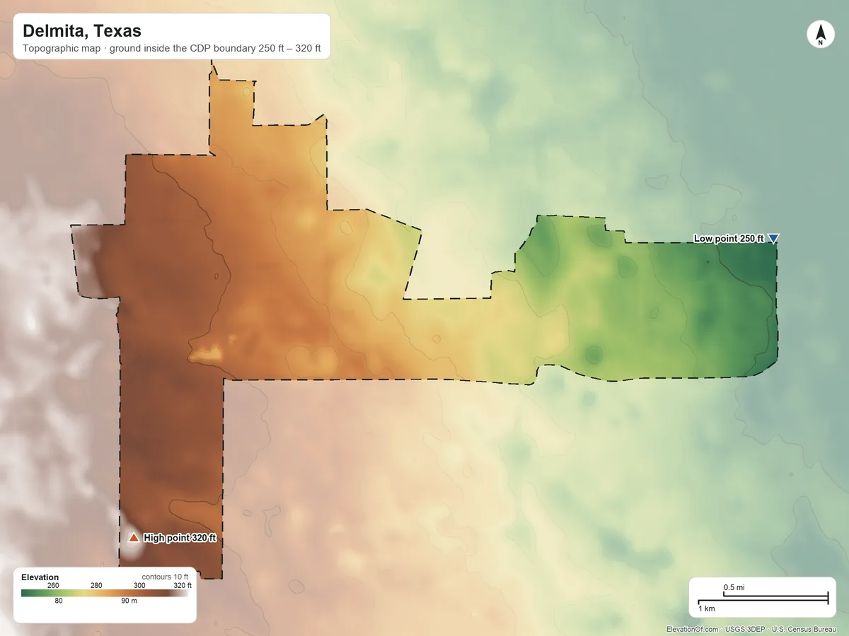 Topographic elevation map of Delmita, Texas, shaded from 250 ft on the east side to 320 ft on the southwest side