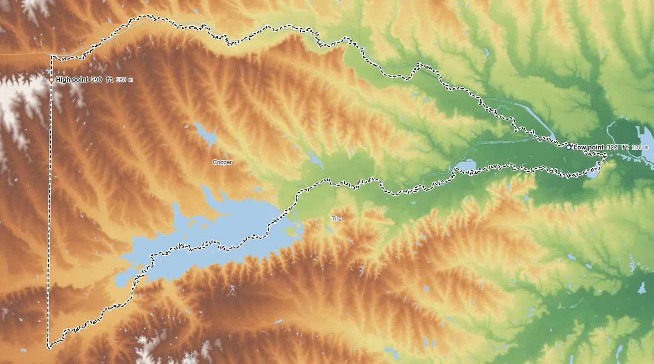 Topographic elevation map of Delta County, Texas, shaded from 320 ft on the east side to 590 ft on the west side