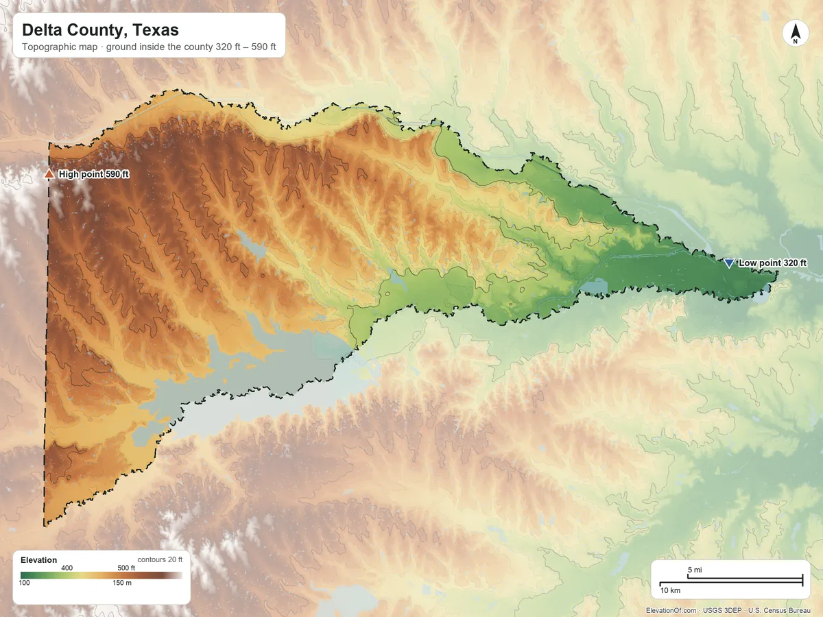 Topographic elevation map of Delta County, Texas, shaded from 320 ft on the east side to 590 ft on the west side