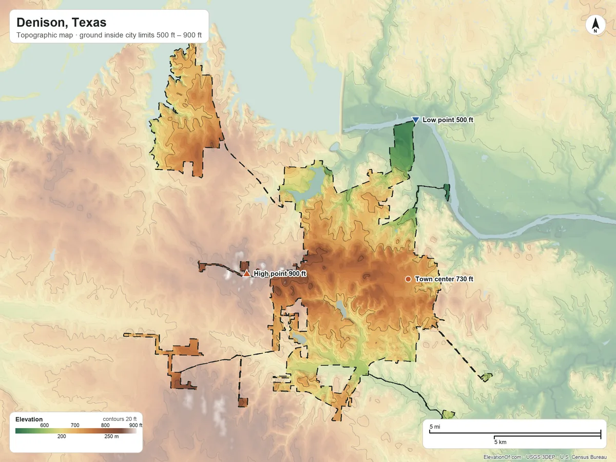 Topographic elevation map of Denison, Texas, shaded from 500 ft on the north side to 900 ft on the west side