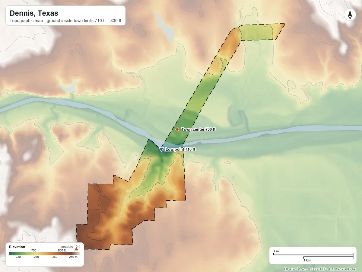 Topographic elevation map of Dennis, Texas, shaded from 710 ft near the middle to 830 ft on the southwest side