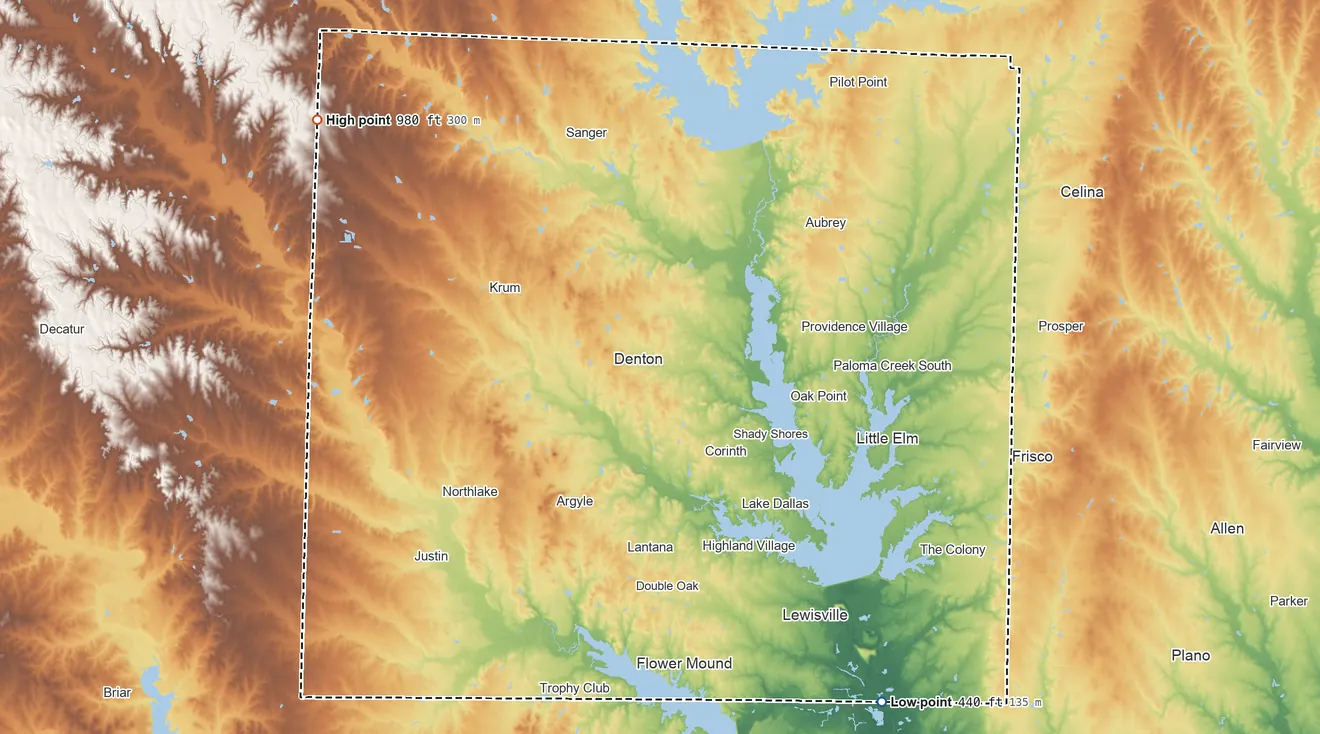 Topographic elevation map of Denton County, Texas, shaded from 440 ft on the southeast side to 980 ft on the northwest side