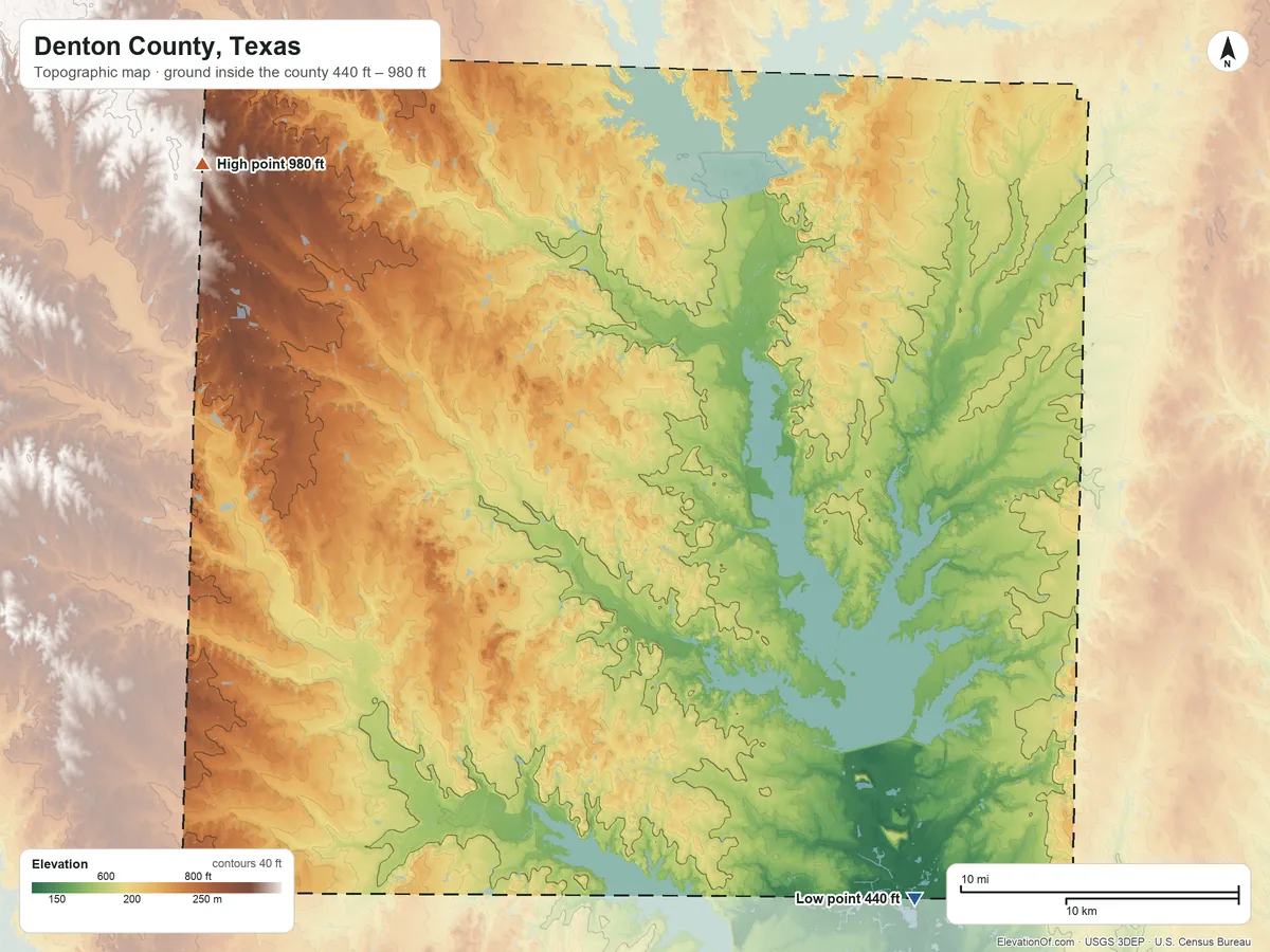 Topographic elevation map of Denton County, Texas, shaded from 440 ft on the southeast side to 980 ft on the northwest side
