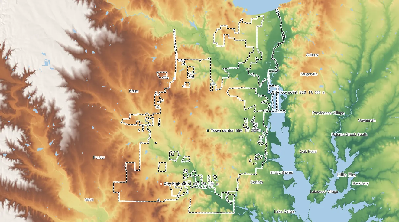 Topographic elevation map of Denton, Texas, shaded from 510 ft on the northeast side to 840 ft on Pilot Knob