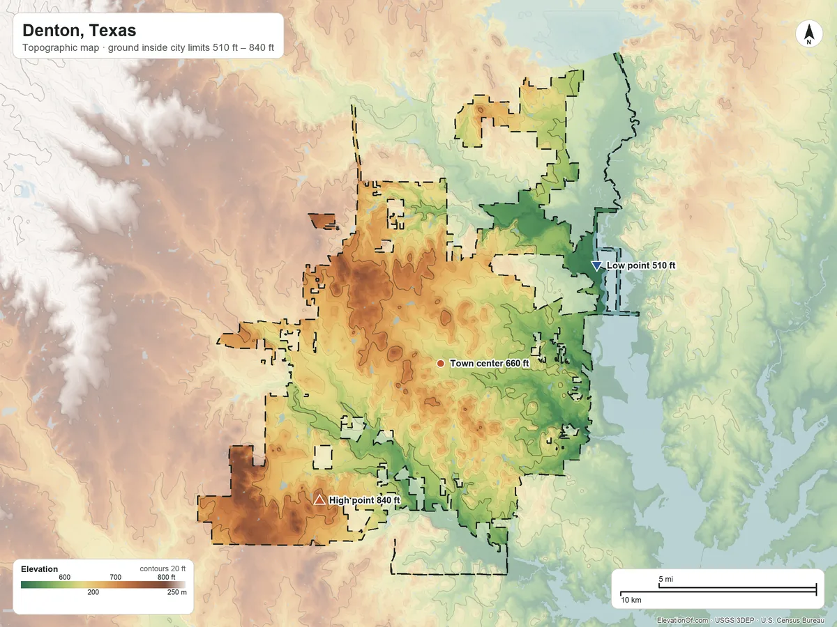Topographic elevation map of Denton, Texas, shaded from 510 ft on the northeast side to 840 ft on Pilot Knob