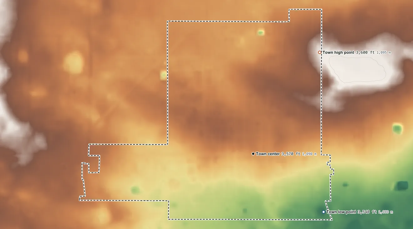 Topographic elevation map of Denver City, Texas, shaded from 3,540 ft on the southeast side to 3,600 ft on the northeast side