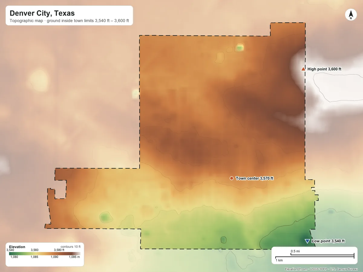 Topographic elevation map of Denver City, Texas, shaded from 3,540 ft on the southeast side to 3,600 ft on the northeast side