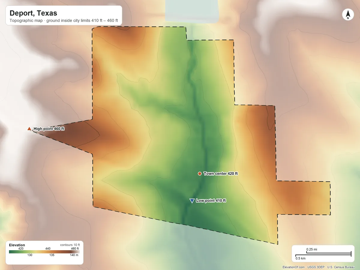 Topographic elevation map of Deport, Texas, shaded from 410 ft near the middle to 460 ft on the west side