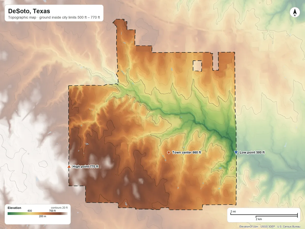 Topographic elevation map of DeSoto, Texas, shaded from 500 ft on the east side to 770 ft on the west side