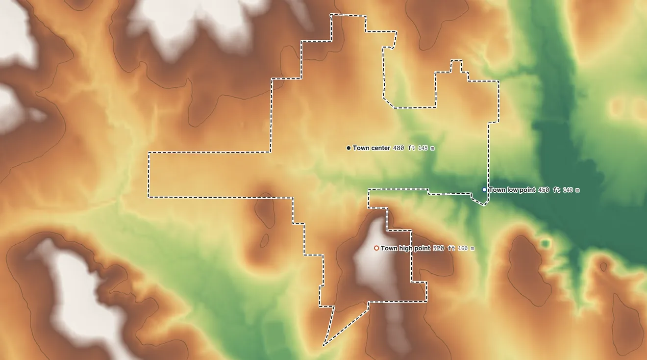 Topographic elevation map of Detroit, Texas, shaded from 450 ft on the east side to 520 ft on the south side