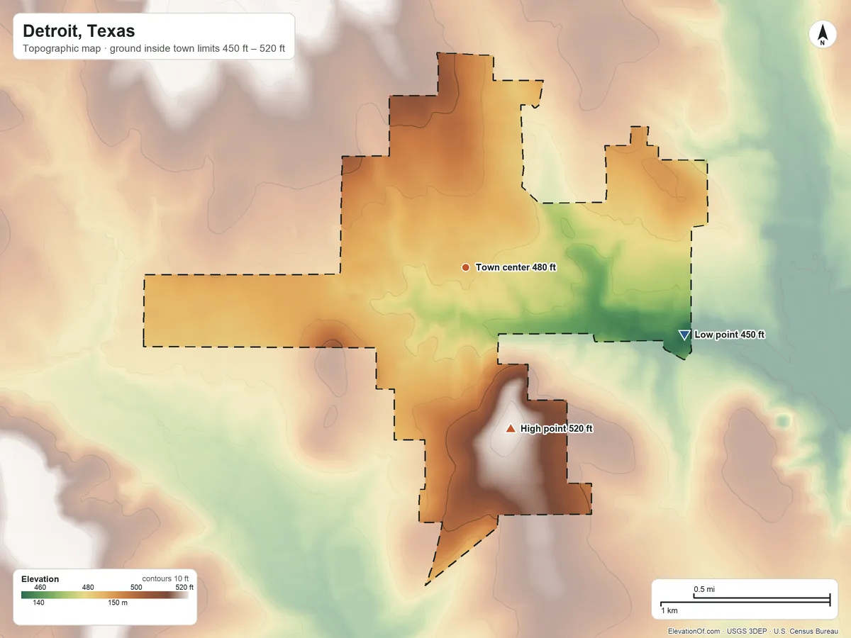 Topographic elevation map of Detroit, Texas, shaded from 450 ft on the east side to 520 ft on the south side
