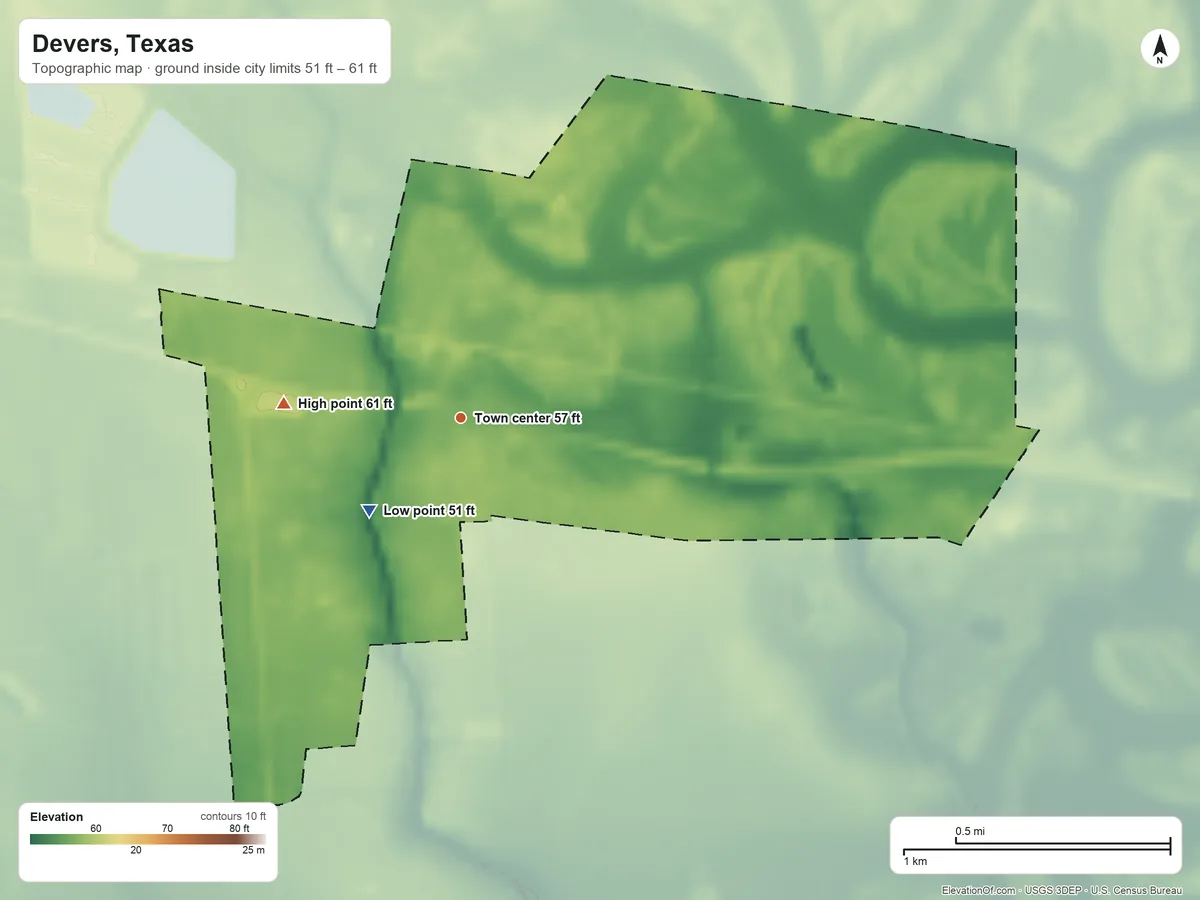 Topographic elevation map of Devers, Texas, shaded from 51 ft on the southwest side to 61 ft on the west side