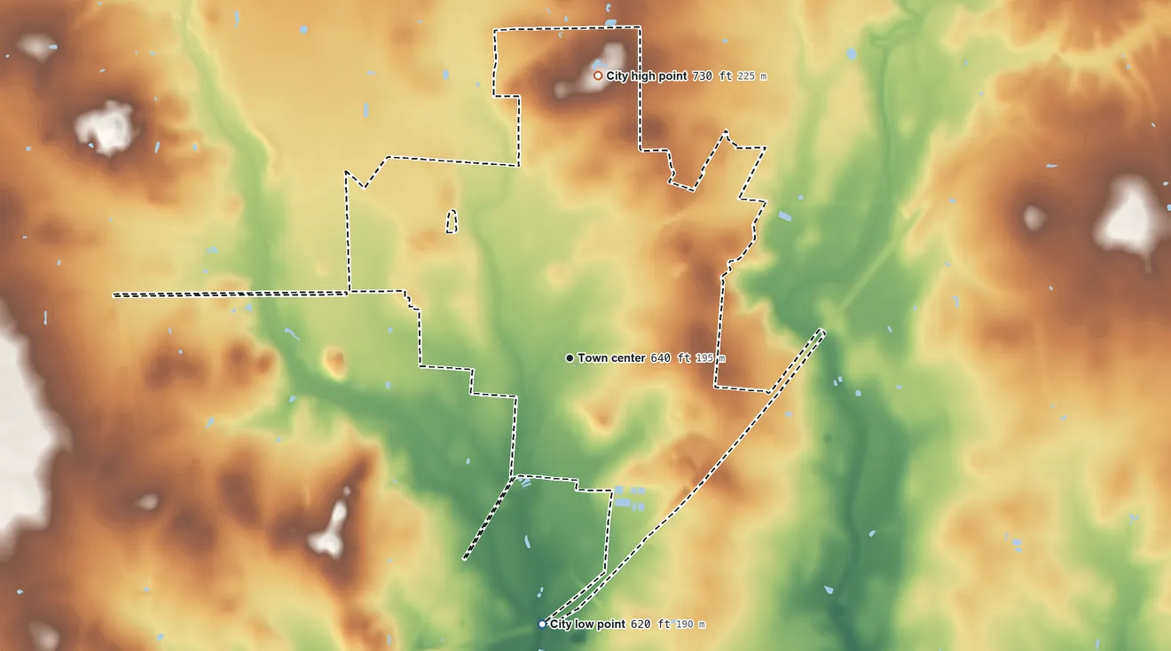 Topographic elevation map of Devine, Texas, shaded from 620 ft on the south side to 730 ft on the north side