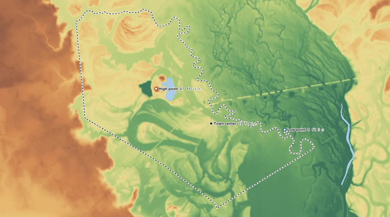 Topographic elevation map of Deweyville, Texas, shaded from 8 ft on the east side to 47 ft on the northwest side