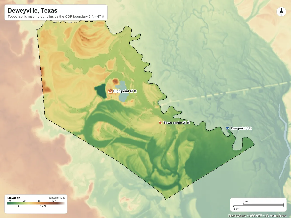 Topographic elevation map of Deweyville, Texas, shaded from 8 ft on the east side to 47 ft on the northwest side