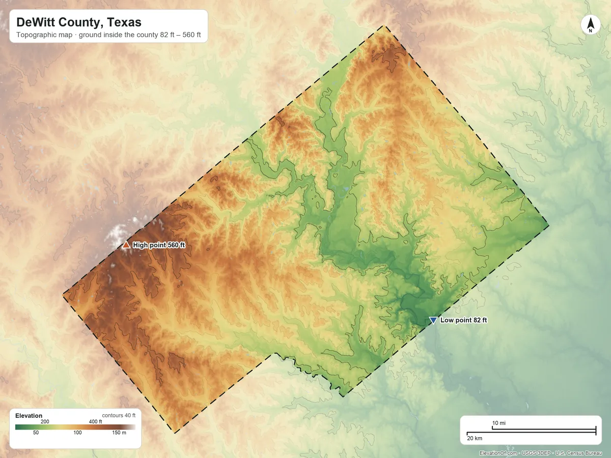 Topographic elevation map of DeWitt County, Texas, shaded from 82 ft on the southeast side to 560 ft on the west side