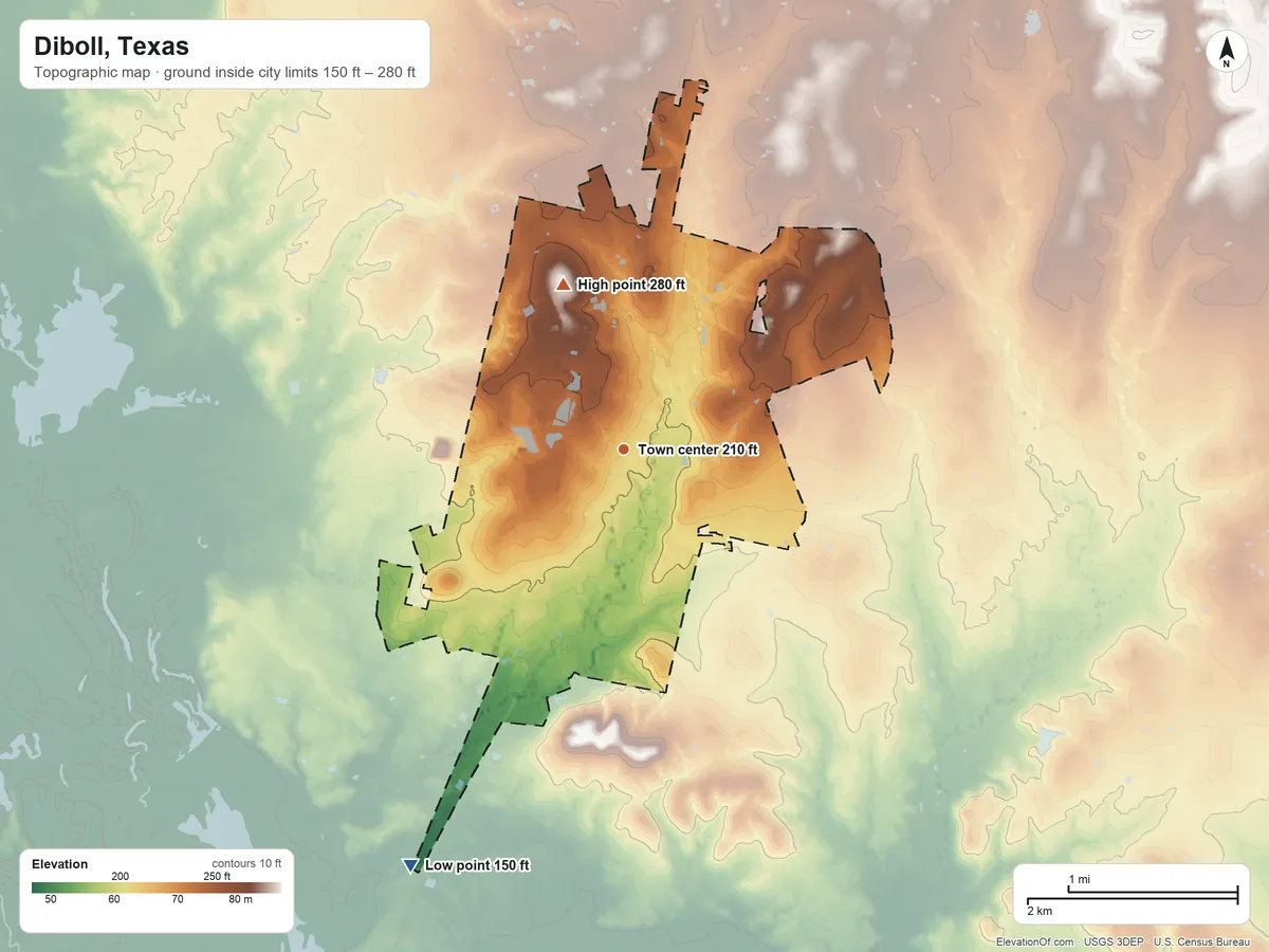 Topographic elevation map of Diboll, Texas, shaded from 150 ft on the southwest side to 280 ft on the north side