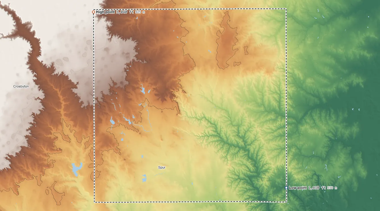 Topographic elevation map of Dickens County, Texas, shaded from 1,810 ft on the southeast side to 3,040 ft on the northwest side
