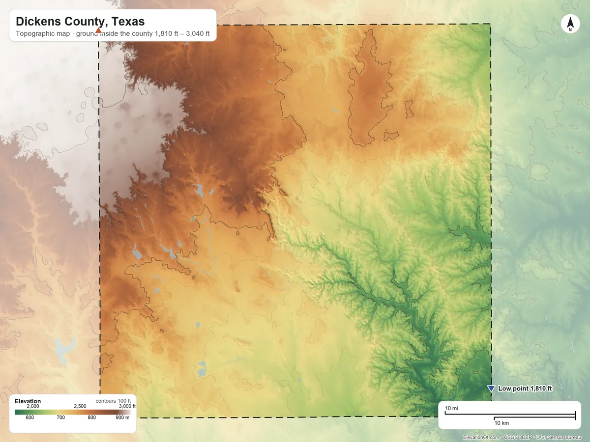 Topographic elevation map of Dickens County, Texas, shaded from 1,810 ft on the southeast side to 3,040 ft on the northwest side
