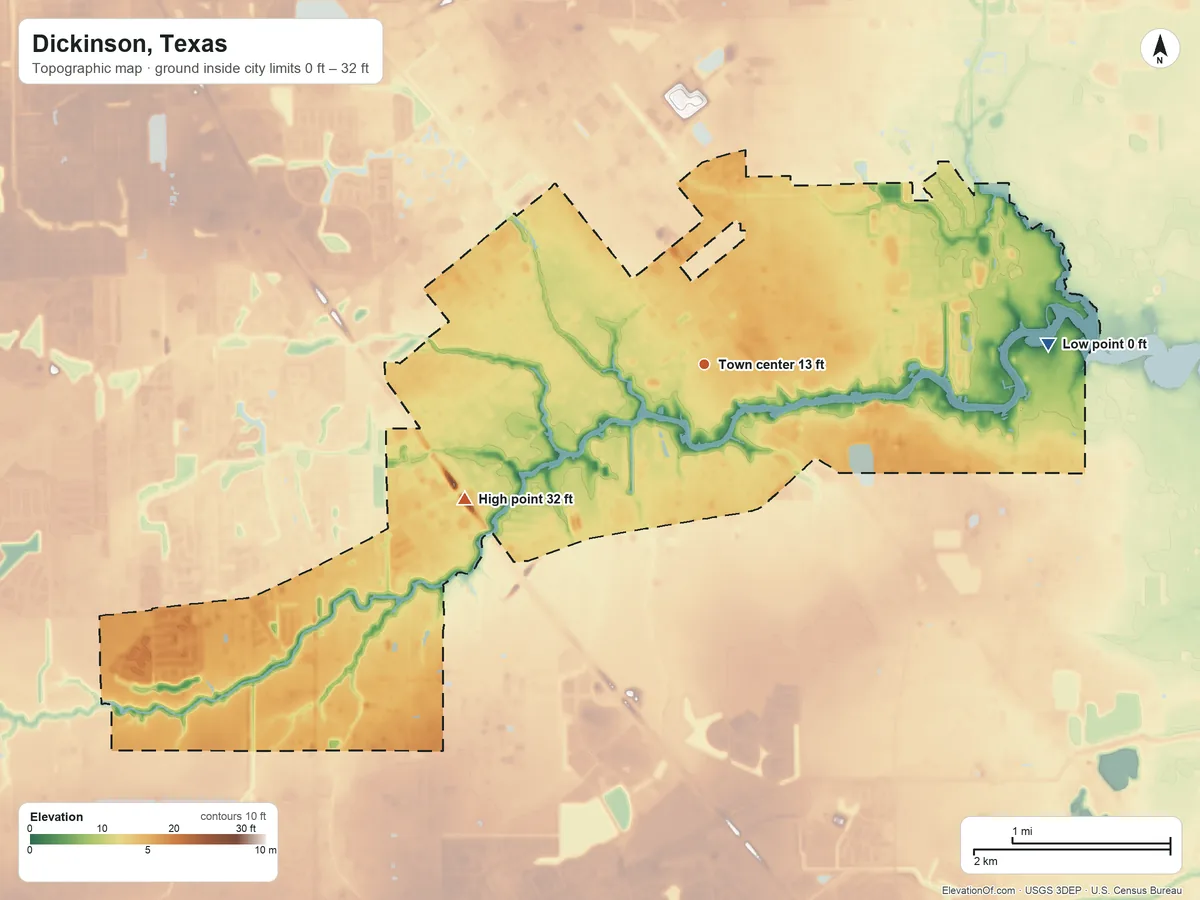 Topographic elevation map of Dickinson, Texas, shaded from 0 ft on the east side to 32 ft on the southwest side