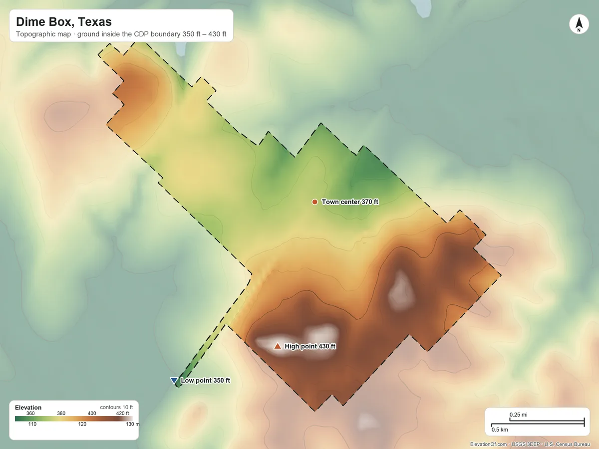 Topographic elevation map of Dime Box, Texas, shaded from 350 ft on the southwest side to 430 ft on the south side