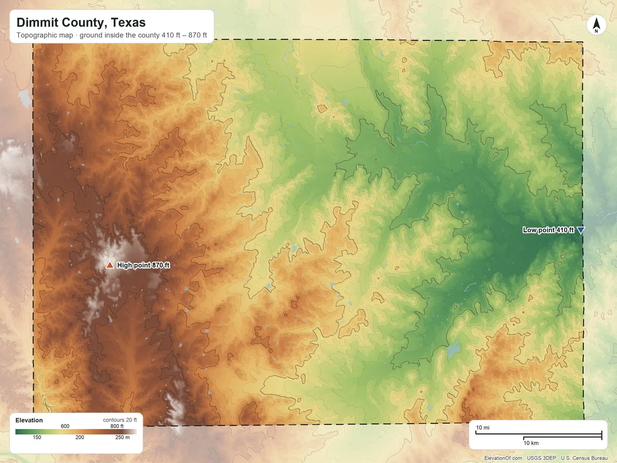 Topographic elevation map of Dimmit County, Texas, shaded from 410 ft on the east side to 870 ft on the west side