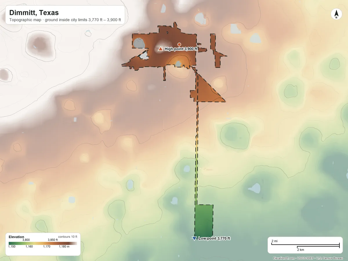 Topographic elevation map of Dimmitt, Texas, shaded from 3,770 ft on the south side to 3,900 ft near the middle
