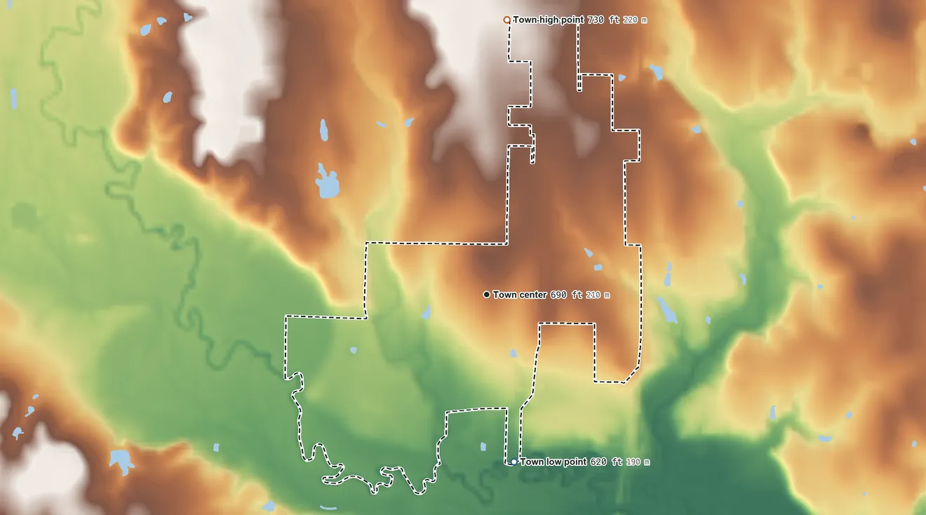 Topographic elevation map of DISH, Texas, shaded from 620 ft on the south side to 730 ft on the north side